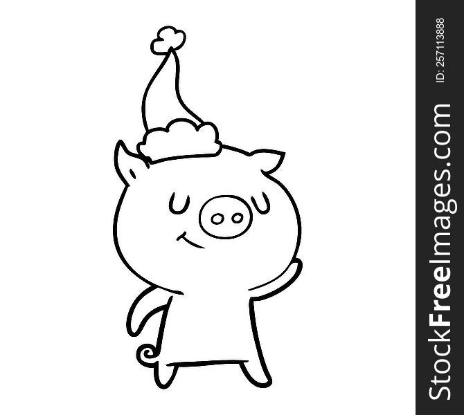 Happy Line Drawing Of A Pig Wearing Santa Hat