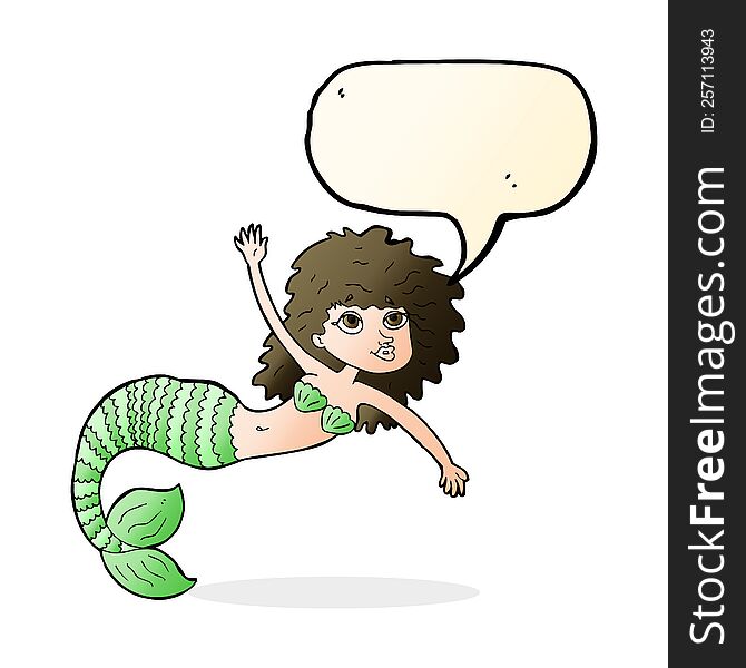 Cartoon Pretty Mermaid Waving With Speech Bubble