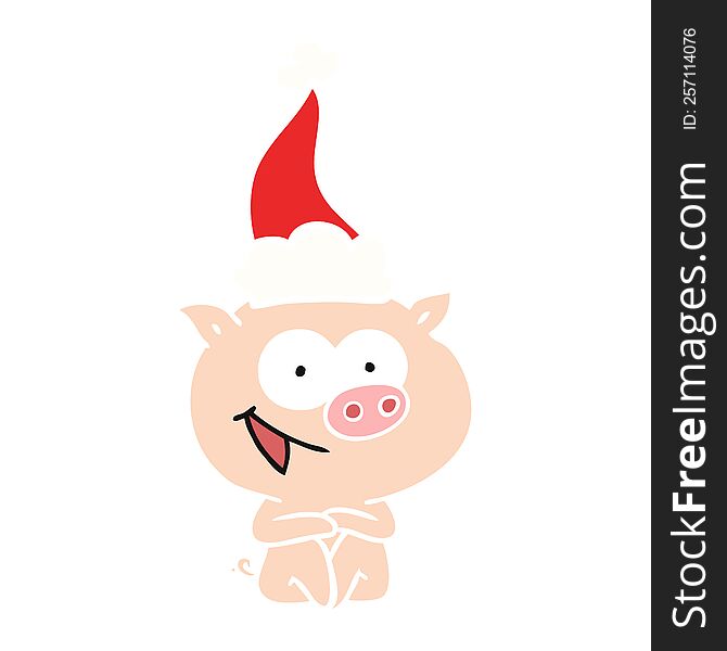 cheerful sitting pig hand drawn flat color illustration of a wearing santa hat