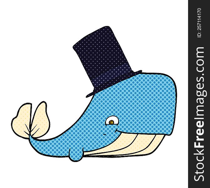 freehand drawn cartoon whale in top hat