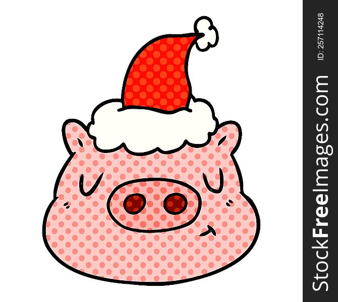 Comic Book Style Illustration Of A Pig Face Wearing Santa Hat