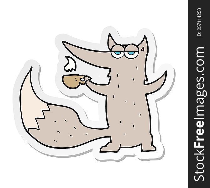 Sticker Of A Cartoon Wolf With Coffee Cup