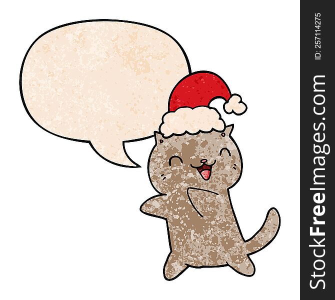 Cute Cartoon Christmas Cat And Speech Bubble In Retro Texture Style