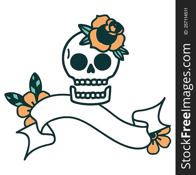 Tattoo With Banner Of A Skull And Rose