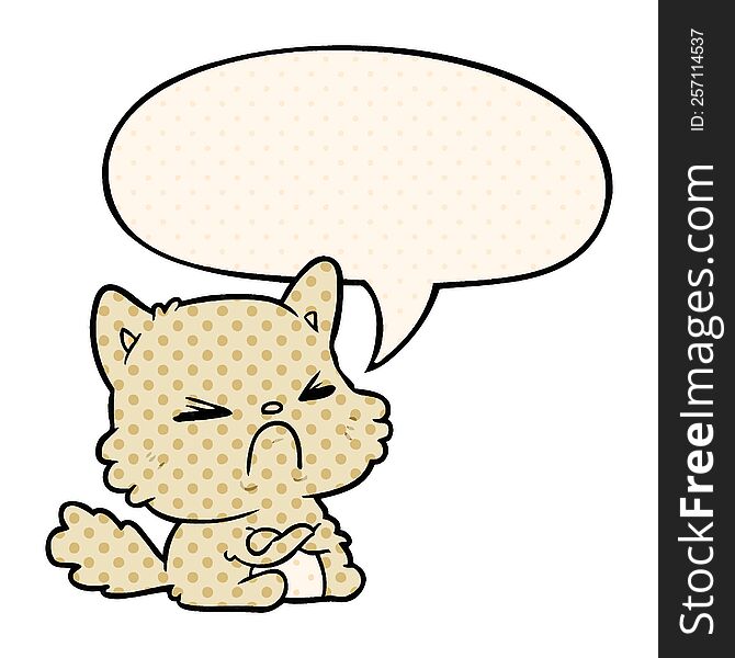cute cartoon angry cat with speech bubble in comic book style