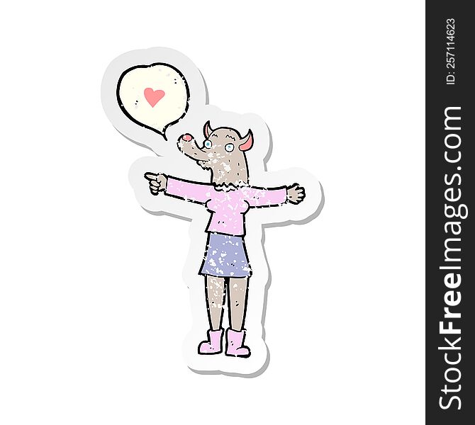 Retro Distressed Sticker Of A Cartoon Werewolf Woman In Love
