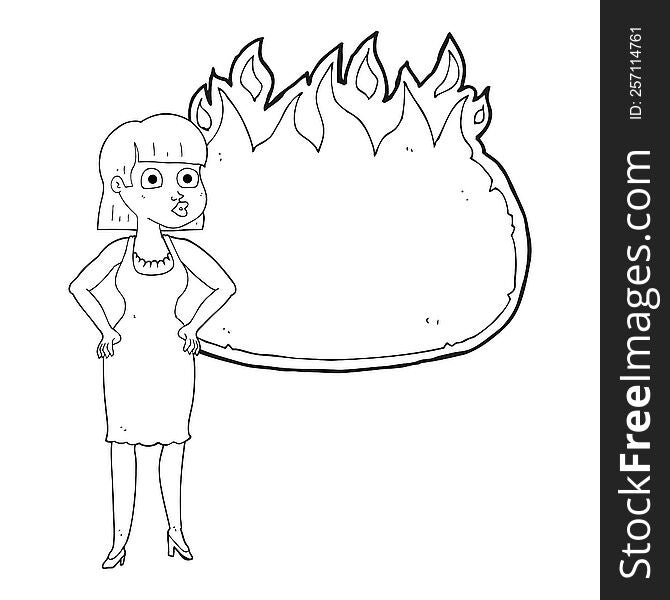 black and white cartoon woman in dress with hands on hips and flame banner