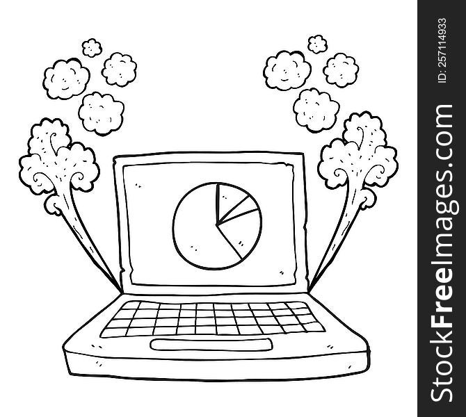 freehand drawn black and white cartoon laptop computer with pie chart