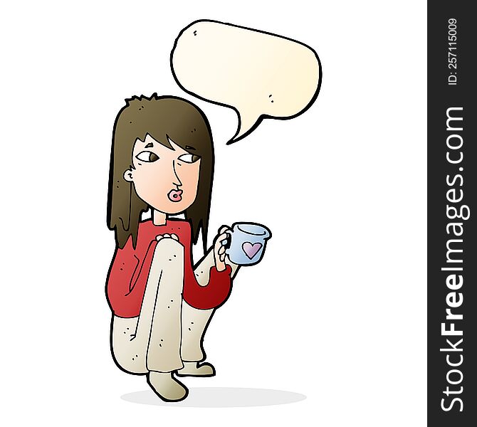 cartoon woman sitting with cup of coffee with speech bubble