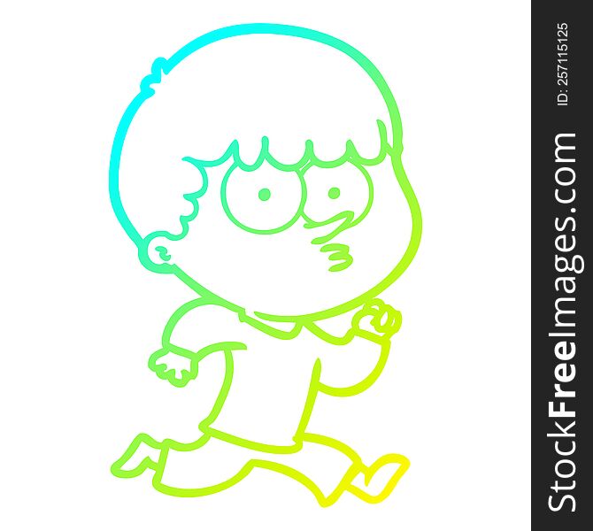 cold gradient line drawing of a cartoon curious boy running