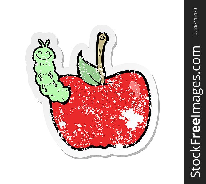 Retro Distressed Sticker Of A Cartoon Apple With Bug