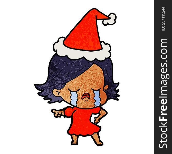 hand drawn textured cartoon of a girl crying and pointing wearing santa hat
