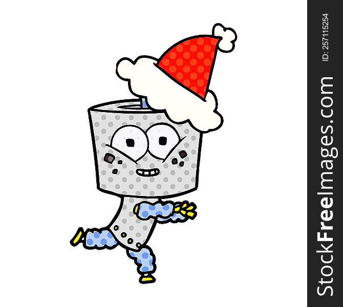 happy hand drawn comic book style illustration of a robot wearing santa hat