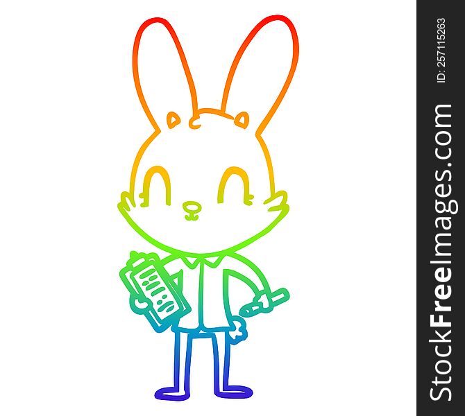 rainbow gradient line drawing of a cute cartoon rabbit with clipboard