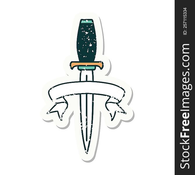Grunge Sticker With Banner Of A Dagger