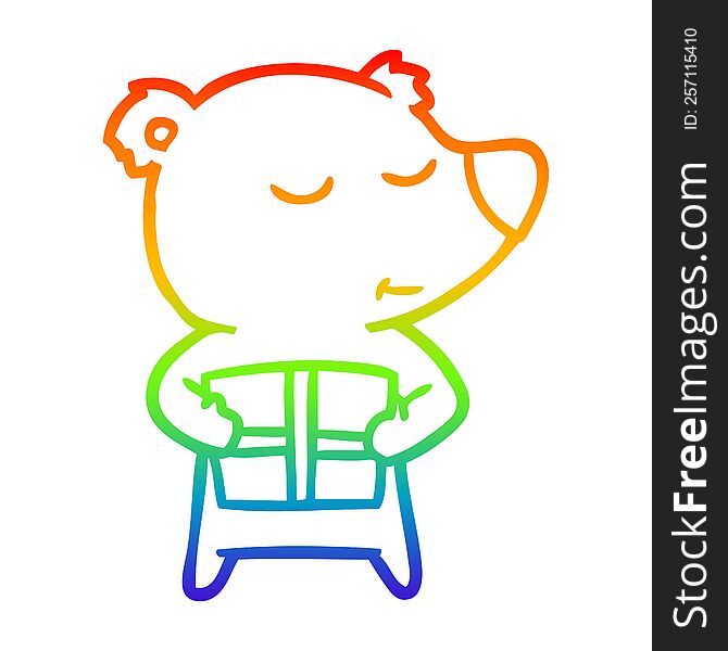Rainbow Gradient Line Drawing Happy Cartoon Polar Bear With Present