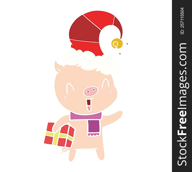 happy flat color style cartoon pig with xmas present