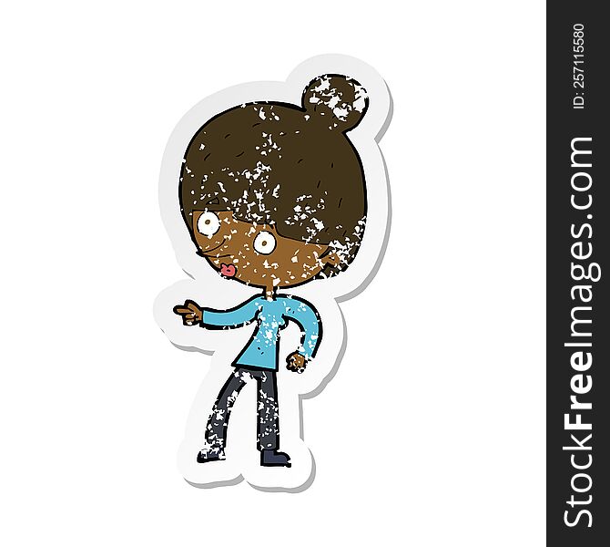retro distressed sticker of a cartoon woman pointing