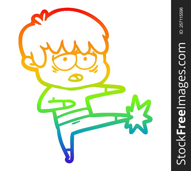 rainbow gradient line drawing of a cartoon exhausted boy doing karate