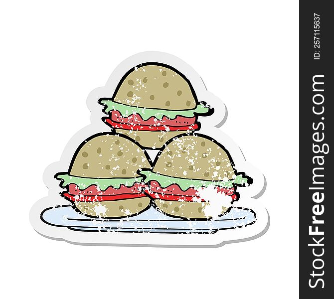 Retro Distressed Sticker Of A Cartoon Plate Of Burgers
