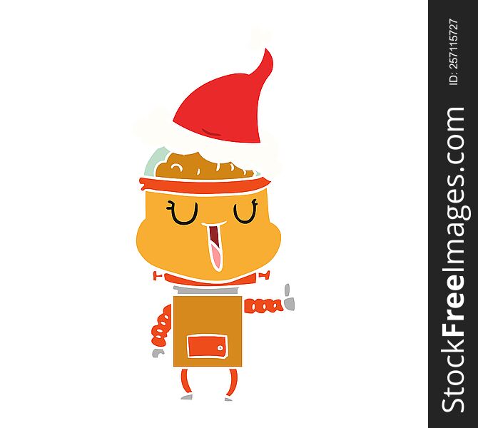 happy flat color illustration of a robot wearing santa hat