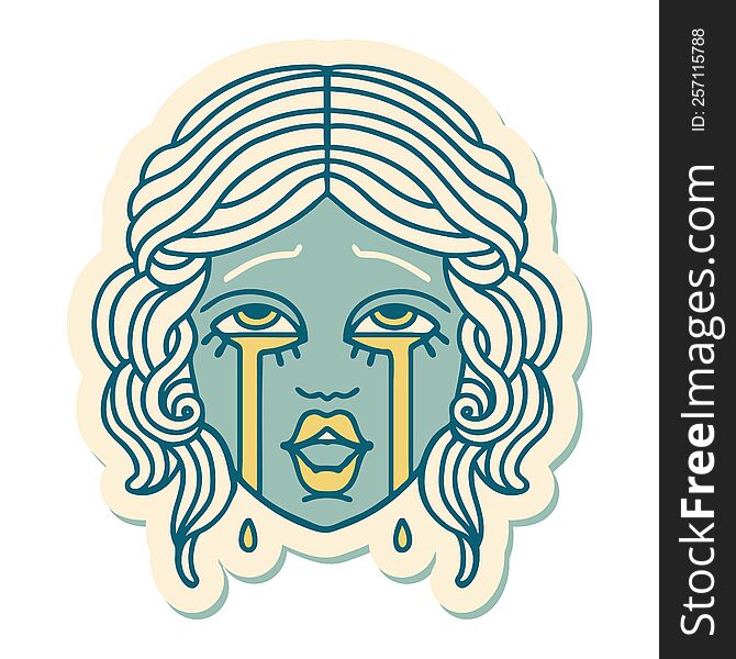 Tattoo Style Sticker Of A Very Happy Crying Female Face