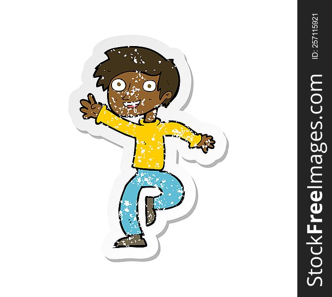 Retro Distressed Sticker Of A Cartoon Excited Boy Dancing