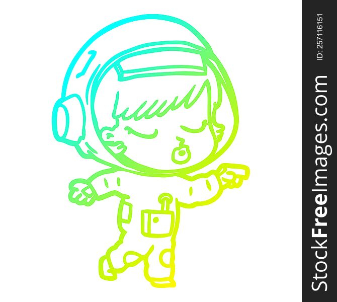 cold gradient line drawing of a cartoon pretty astronaut girl pointing