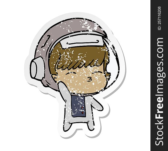 Distressed Sticker Of A Cartoon Curious Astronaut Waving