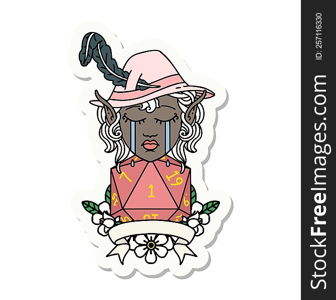 sticker of a crying elf bard character with natural one D20 roll. sticker of a crying elf bard character with natural one D20 roll