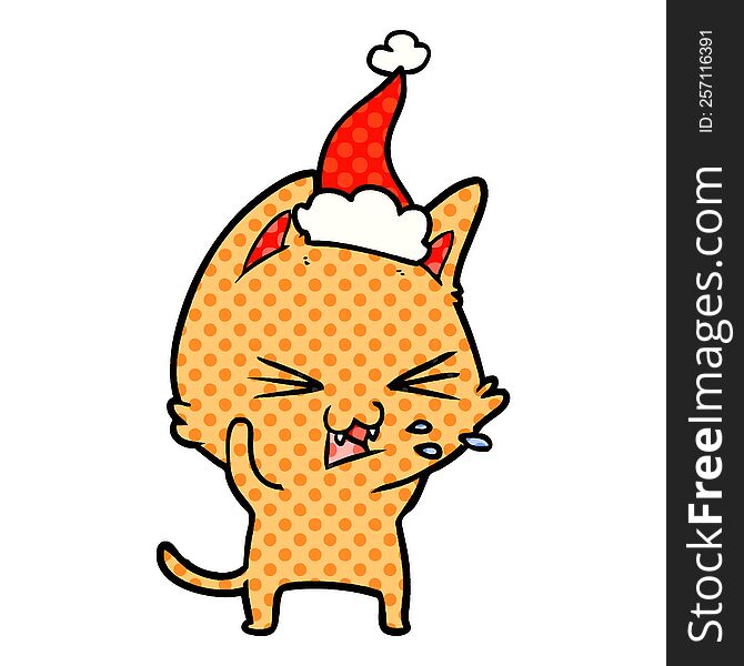 hand drawn comic book style illustration of a cat hissing wearing santa hat