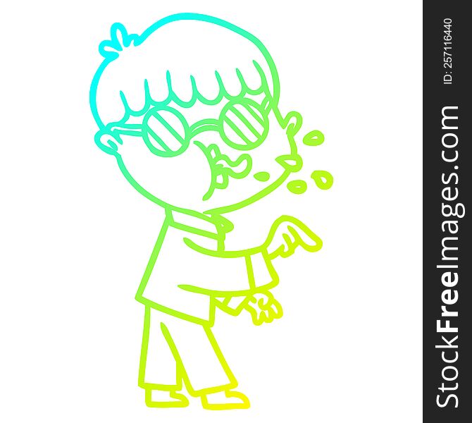 cold gradient line drawing of a cartoon boy wearing spectacles and making point