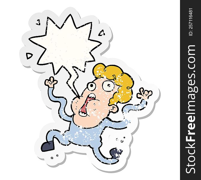 Cartoon Terrified Man And Speech Bubble Distressed Sticker