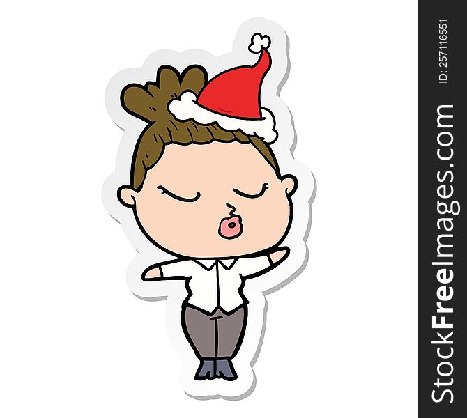 hand drawn sticker cartoon of a calm woman wearing santa hat