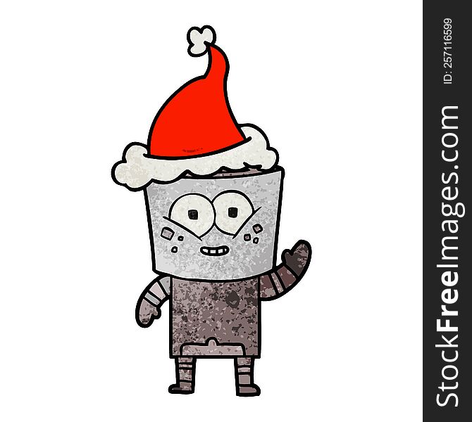 happy hand drawn textured cartoon of a robot waving hello wearing santa hat