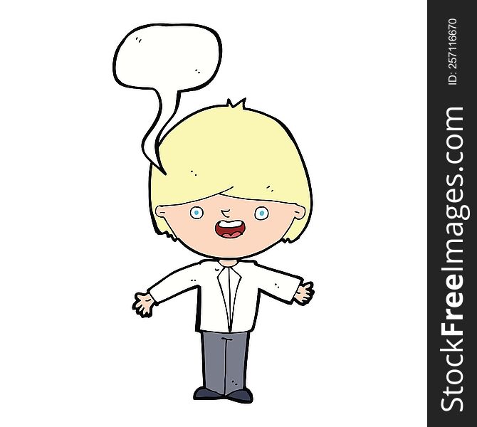 Cartoon Happy Boy With Open Arms With Speech Bubble