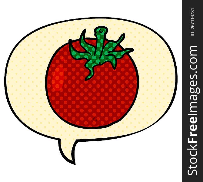 cartoon fresh tomato and speech bubble in comic book style