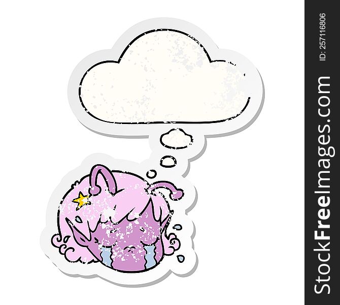 Cartoon Alien Space Girl Face Crying And Thought Bubble As A Distressed Worn Sticker