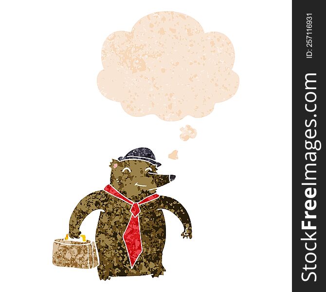 Cartoon Business Bear And Thought Bubble In Retro Textured Style