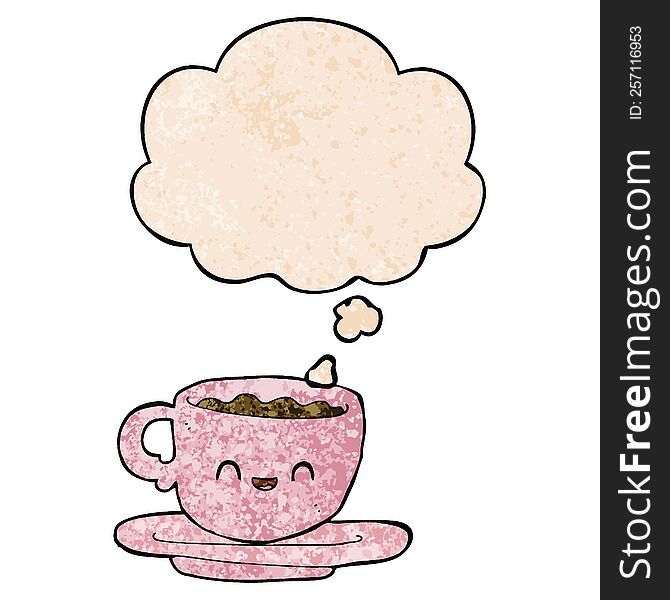 cartoon hot cup of coffee with thought bubble in grunge texture style. cartoon hot cup of coffee with thought bubble in grunge texture style