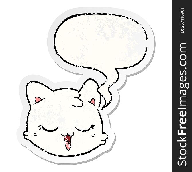 cartoon cat face with speech bubble distressed distressed old sticker. cartoon cat face with speech bubble distressed distressed old sticker