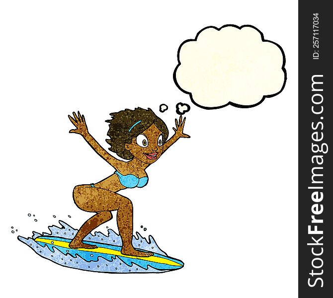 cartoon surfer girl with thought bubble