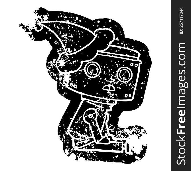 Cartoon Distressed Icon Of A Robot Wearing Santa Hat