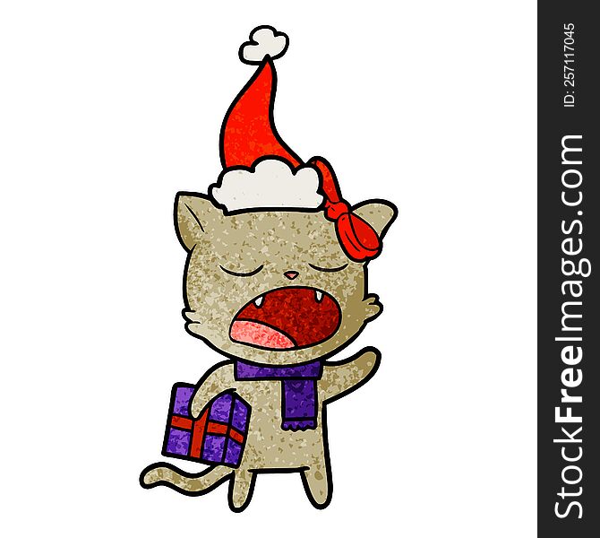 hand drawn textured cartoon of a cat with christmas present wearing santa hat
