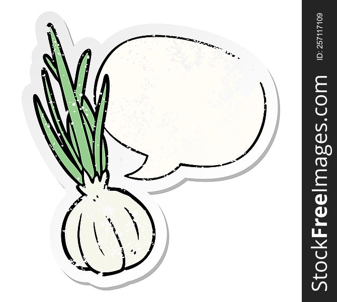 cartoon garlic bulb and speech bubble distressed sticker