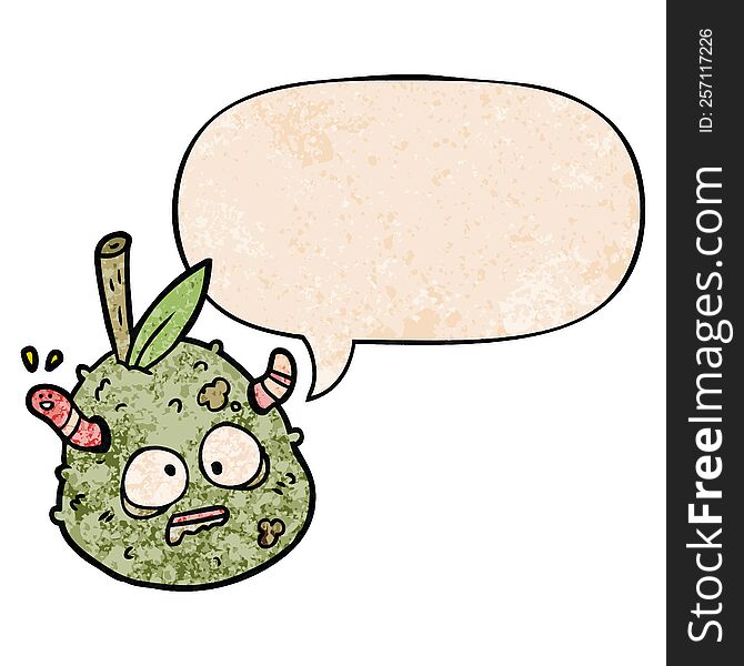 cartoon rotting old pear and worm and speech bubble in retro texture style