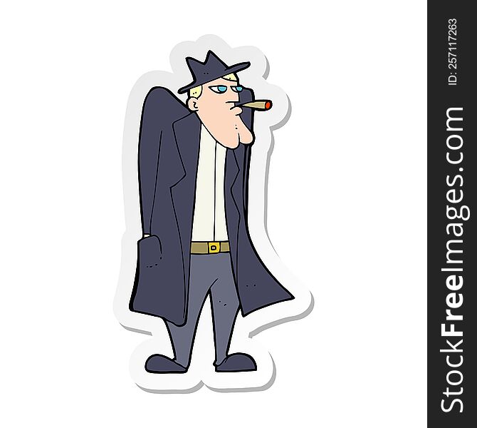 sticker of a cartoon man in hat and trench coat