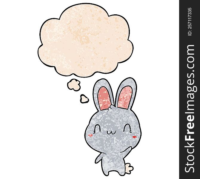 Cartoon Rabbit Waving And Thought Bubble In Grunge Texture Pattern Style