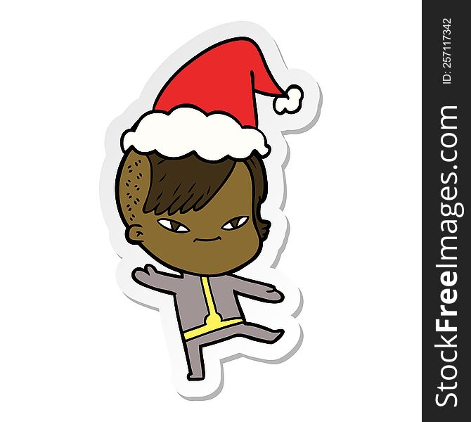 Cute Sticker Cartoon Of A Girl With Hipster Haircut Wearing Santa Hat