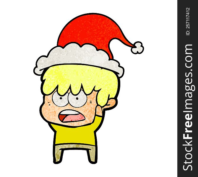 worried hand drawn textured cartoon of a boy wearing santa hat. worried hand drawn textured cartoon of a boy wearing santa hat
